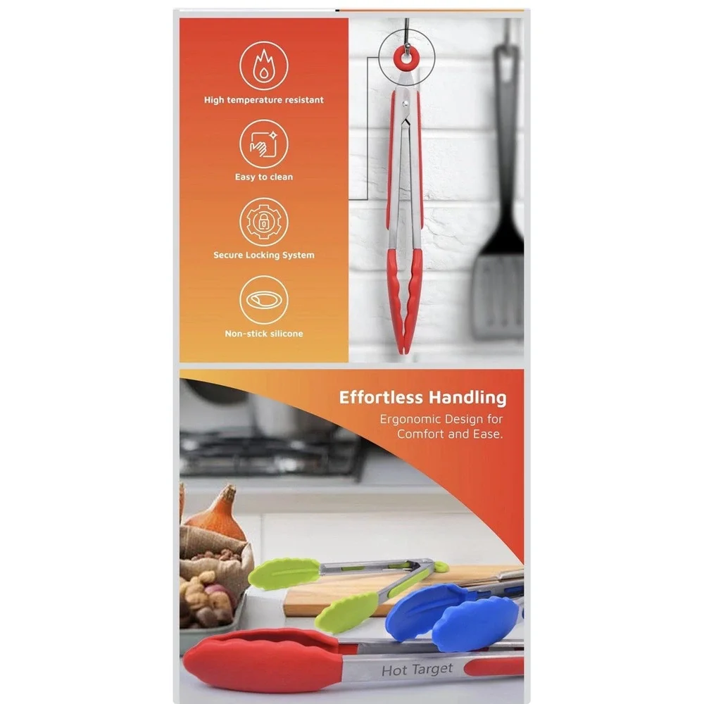 Hot Target 3 PCS Kitchen Tongs Set 7 9 12 Inch Silicone Tips Stainless Steel NEW